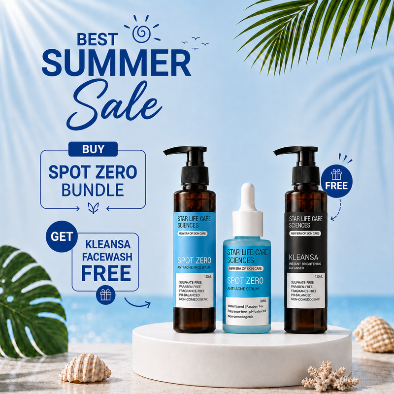 Three skincare products from Star Life Care Sciences are displayed on a white pedestal against a tropical beach-themed background with palm leaves and seashells. The products include two amber pump bottles labeled 'Spot Zero' and one light blue dropper bottle labeled 'Kleansa Facewash'.