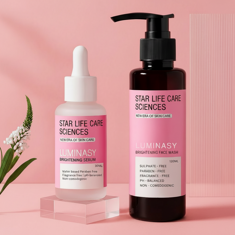 Luminasy Brightening Face Wash and Serum Bundle by Star Life Care Sciences with Vitamin C, Niacinamide, Alpha Arbutin, and Hyaluronic Acid for brighter, glowing, and even-toned skin.