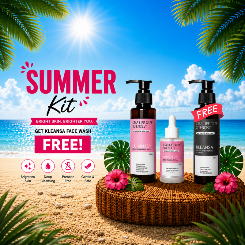 Three skincare bottles from Star Life Care Sciences displayed on a woven basket in a tropical beach setting with palm leaves, under a bright blue sky. Promotional text reads 'SUMMER Kit' and includes a free face wash offer.