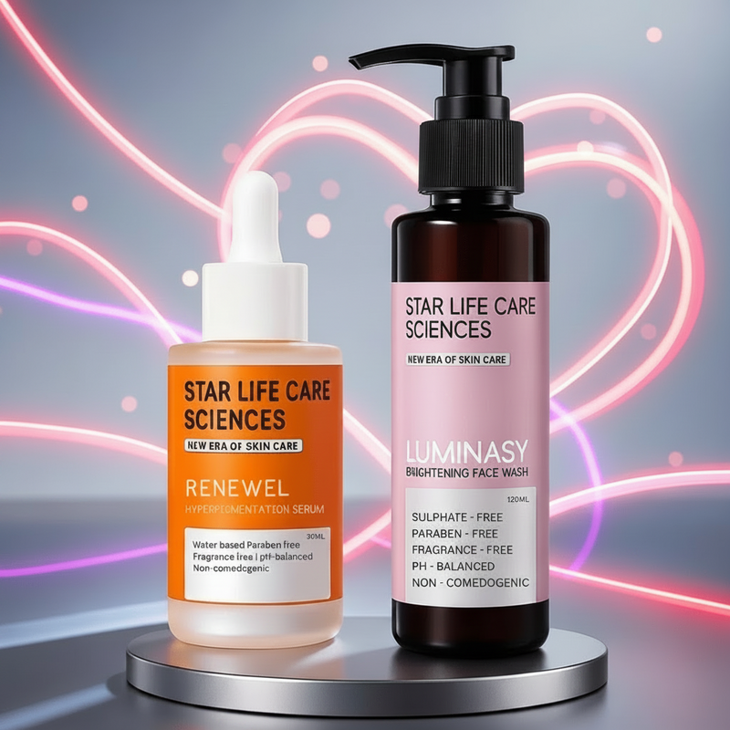 Renewel Serum and Luminasy Face Wash by Star Life Care Sciences for brightening, pigmentation care, and glowing skin with Vitamin C, Niacinamide, and Alpha Arbutin