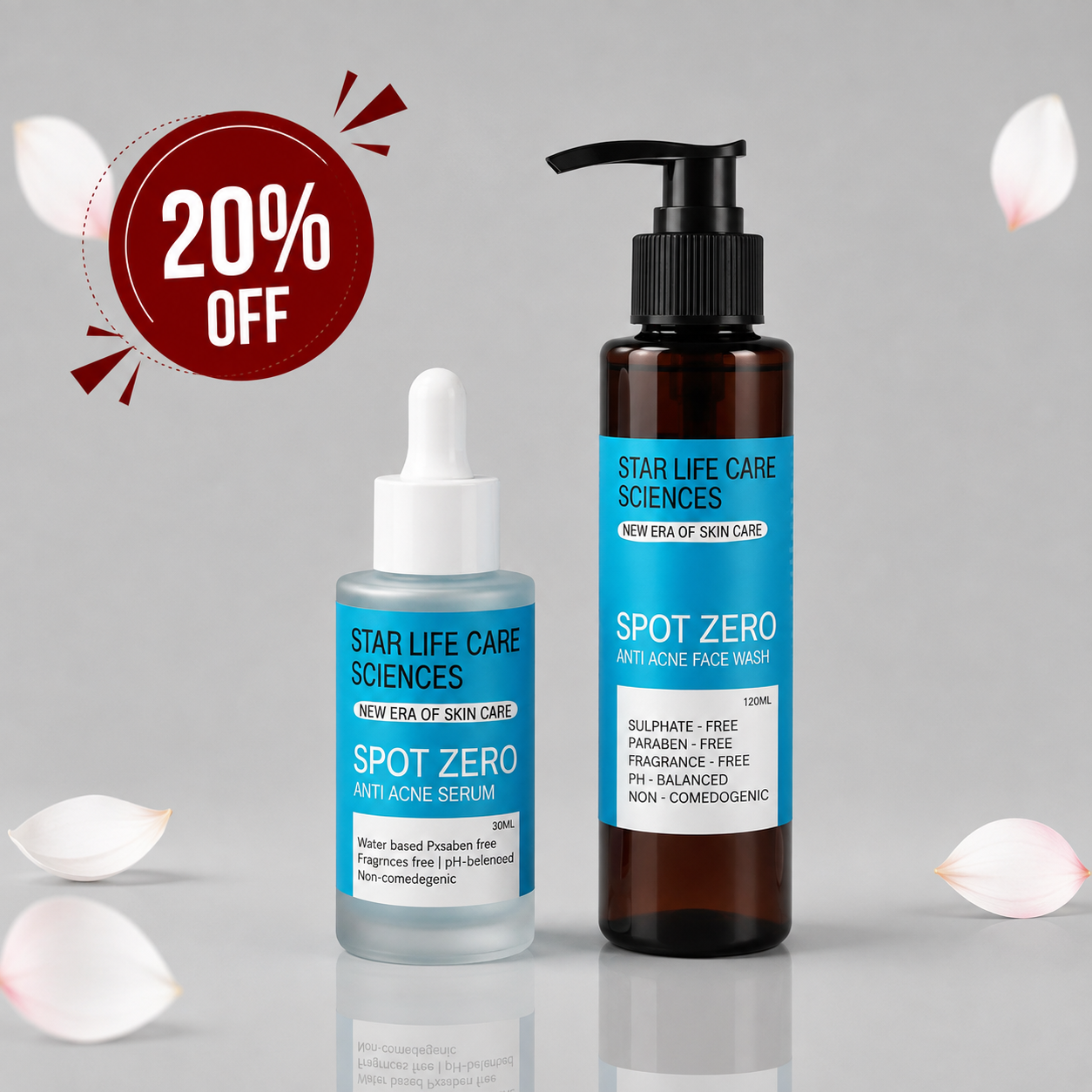 Star Life Care Sciences Spot Zero Anti Acne Face Wash and Spot Zero Anti Acne Serum skincare bundle with 20% OFF badge.