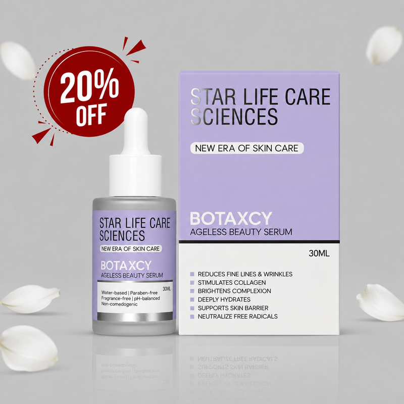 Star Life Care Sciences Botaxcy Ageless Beauty Serum dropper bottle and purple packaging box with 20% OFF badge.