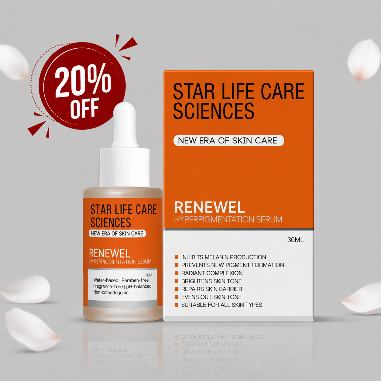 Star Life Care Sciences Renewel Hyperpigmentation Serum dropper bottle and orange packaging box with 20% OFF badge.