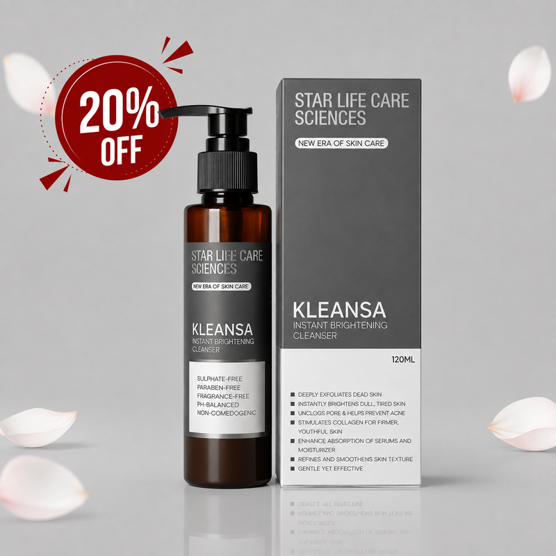 Star Life Care Sciences Kleansa Instant Brightening Cleanser pump bottle and packaging box with 20% OFF badge.