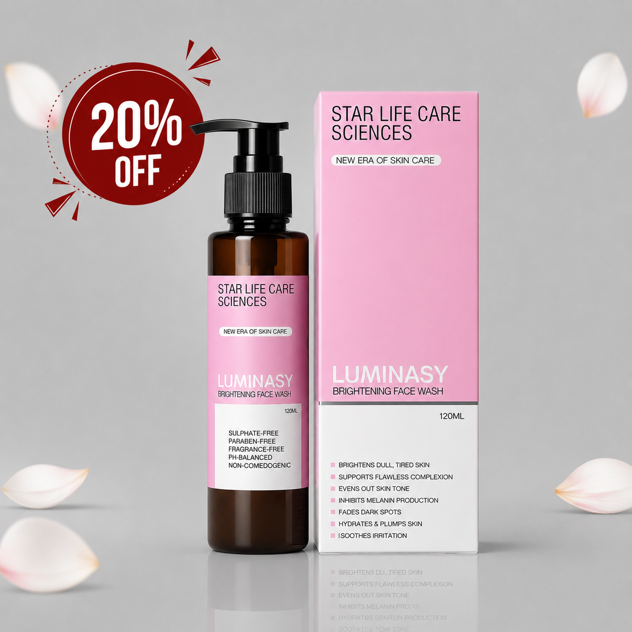 Star Life Care Sciences Luminasy Brightening Face Wash pump bottle and pink packaging box with 20% OFF badge.