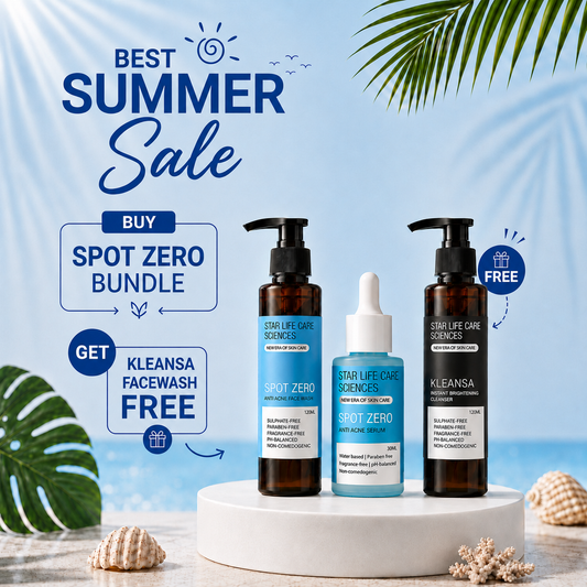 Three skincare products from Star Life Care Sciences are displayed on a white pedestal against a tropical beach-themed background with palm leaves and seashells. The products include two amber pump bottles labeled 'Spot Zero' and one light blue dropper bottle labeled 'Kleansa Facewash'.