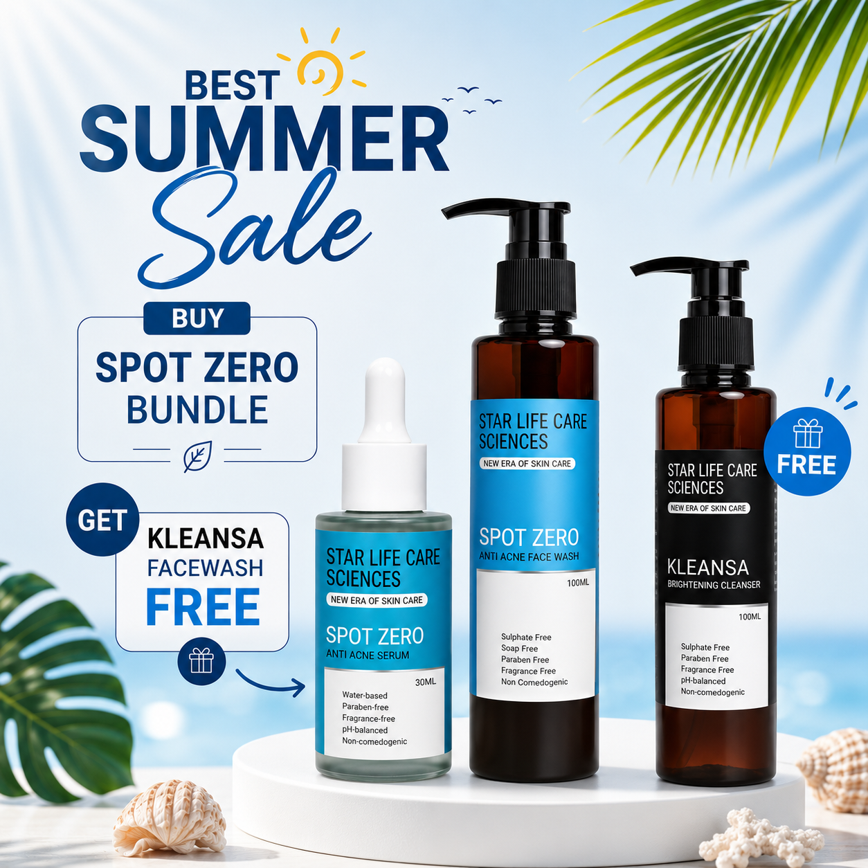 brighter skin. Spot Zero Face Wash, Spot Zero Anti Acne Serum, and Kleansa Brightening