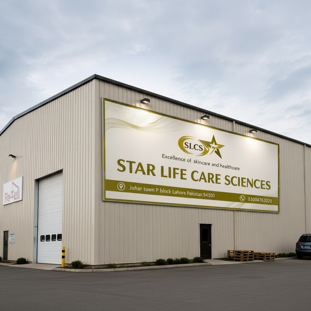 A large beige industrial building with a prominent white and gold sign reading 'SLCSW STAR LIFE CARE SCIENCES' on the front, photographed outdoors under a cloudy sky.