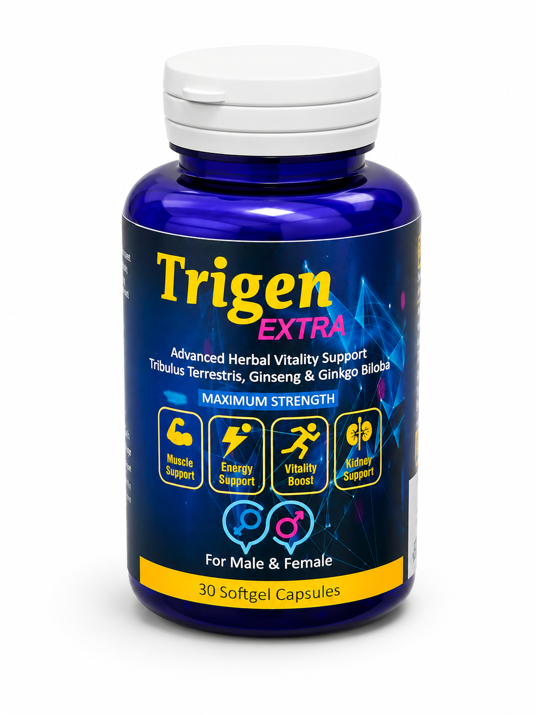 A bottle of Trigen Extra dietary supplement capsules on a plain white background. The bottle is dark blue with a white cap, and the label features yellow and pink text with various support icons.