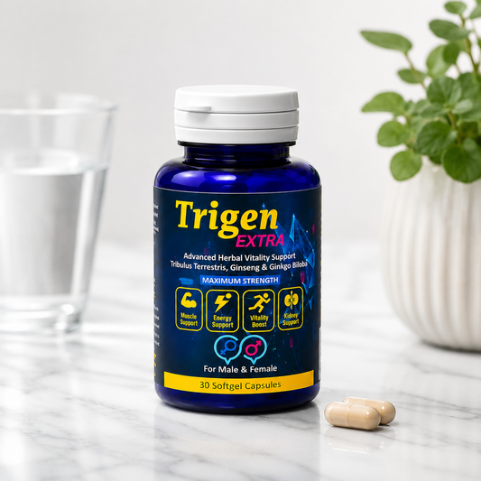 Trigen Extra supplement bottle on a marble surface with a plant in the background