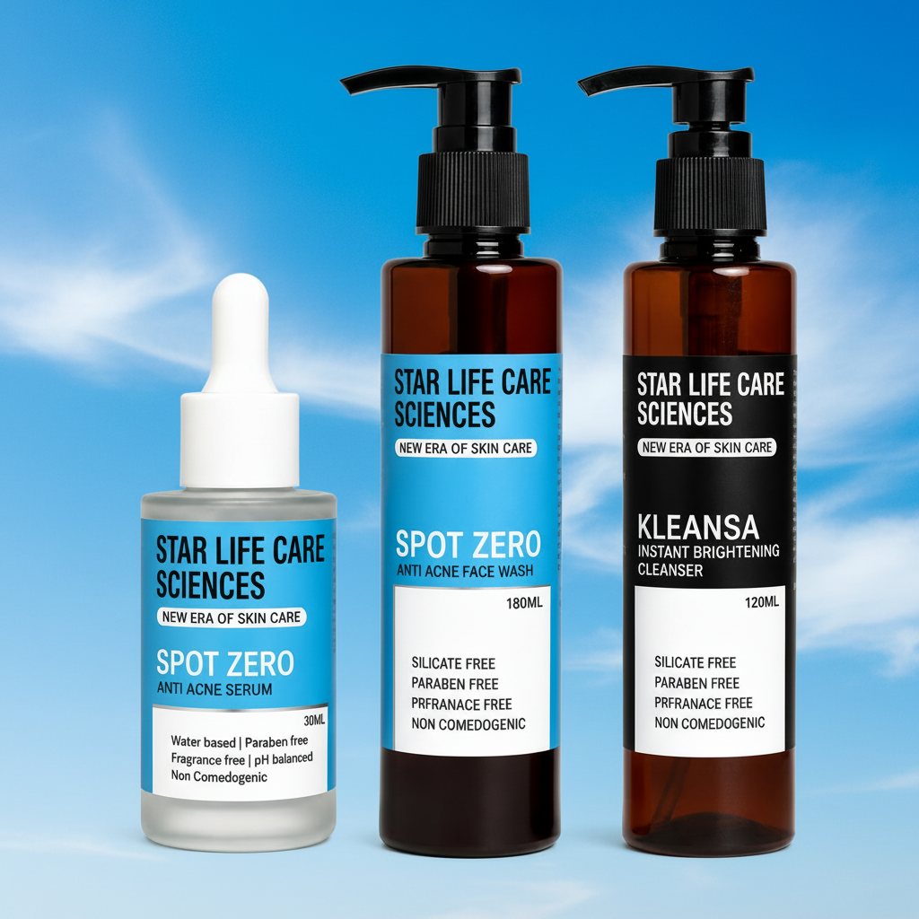Set of Star Life Care Sciences skincare products including serum, face wash, and cleanser on a white background.