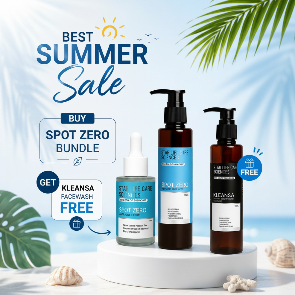 Cosmetic products with 'Best Summer Sale' text and promotional offer on a light blue background.