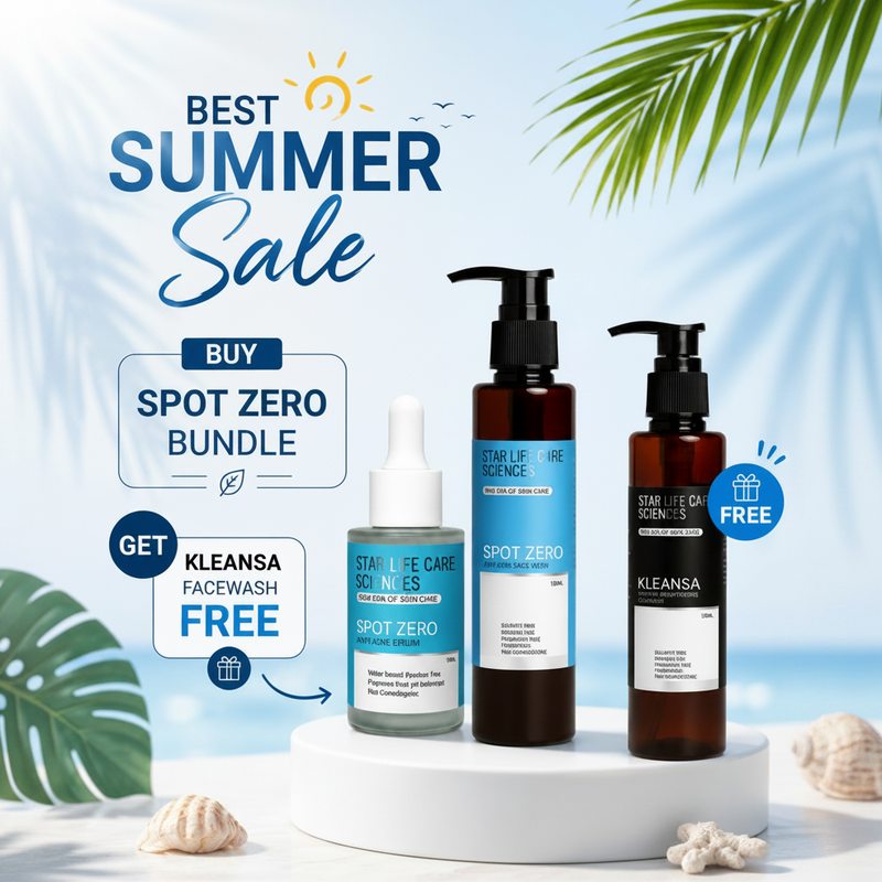 Cosmetic products with 'Best Summer Sale' text and promotional offer on a light blue background.