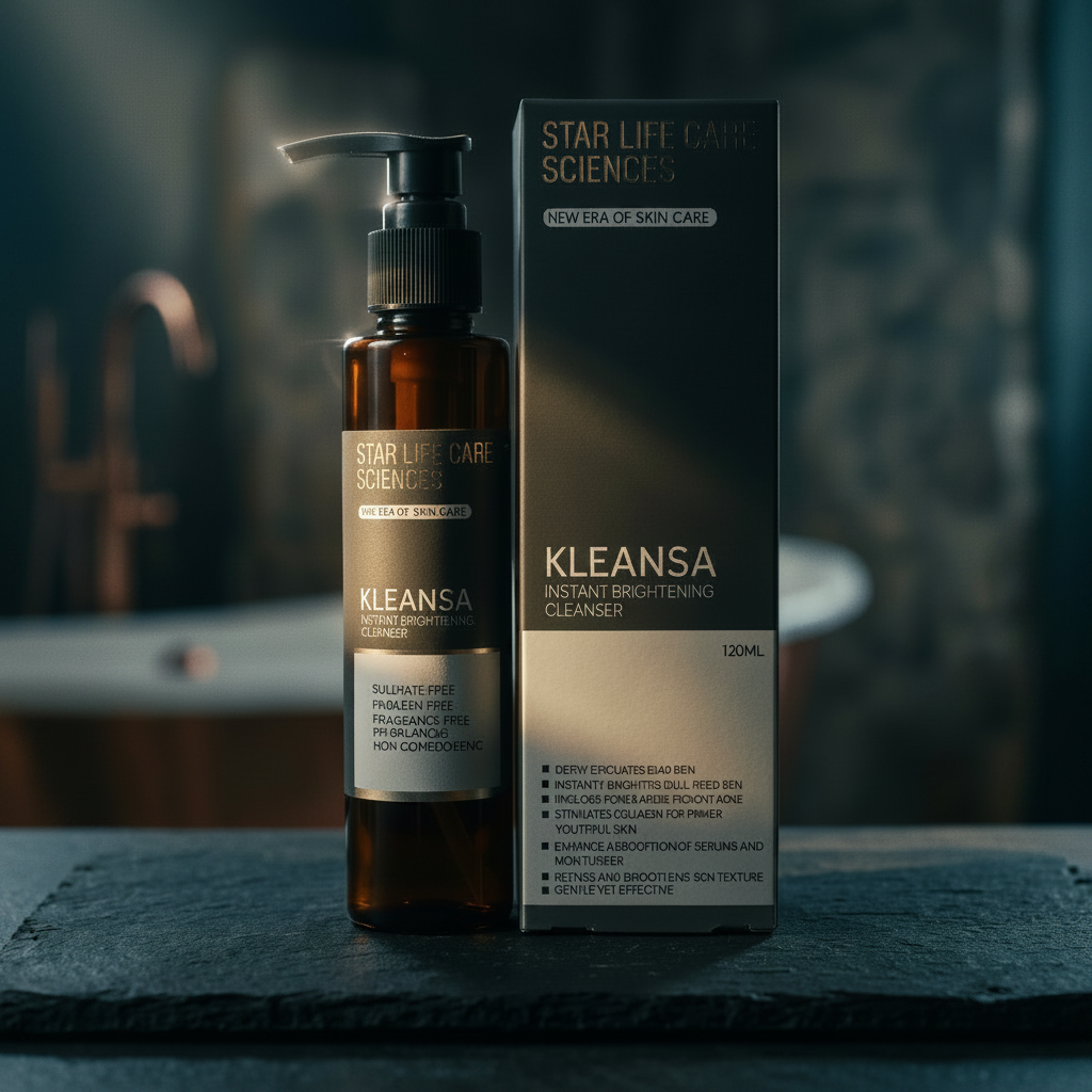 Star Life Care Sciences KLEANSA cleanser bottle and packaging on a dark surface with a blurred background.