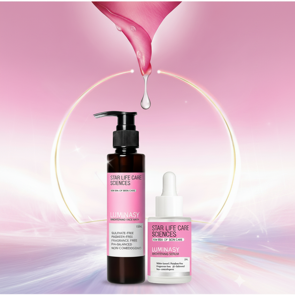 Star Life Care Sciences skincare products with a pink and purple gradient background