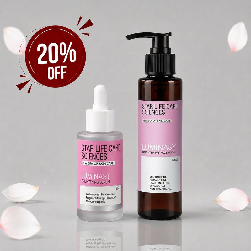 Two skincare products from Star Life Care Sciences on a light gray background with decorative white petals and a red '20% OFF' badge. The products are a brightening face wash in an amber bottle with a black pump, and a brightening serum in a clear dropper bottle with a white cap.