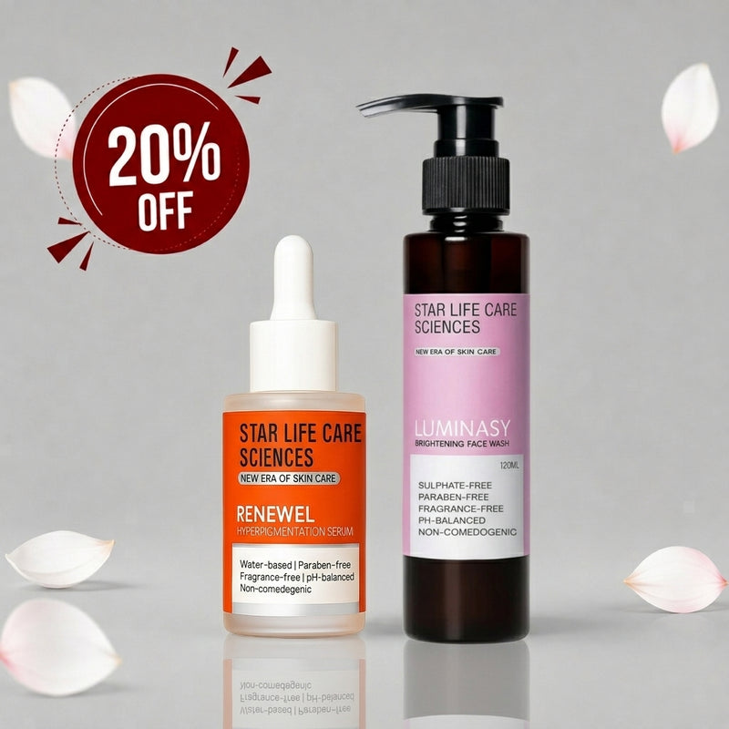Star Life Care Sciences Luminasy Brightening Face Wash and Renewal Hyperpigmentation Serum skincare bundle with 20% OFF badge.