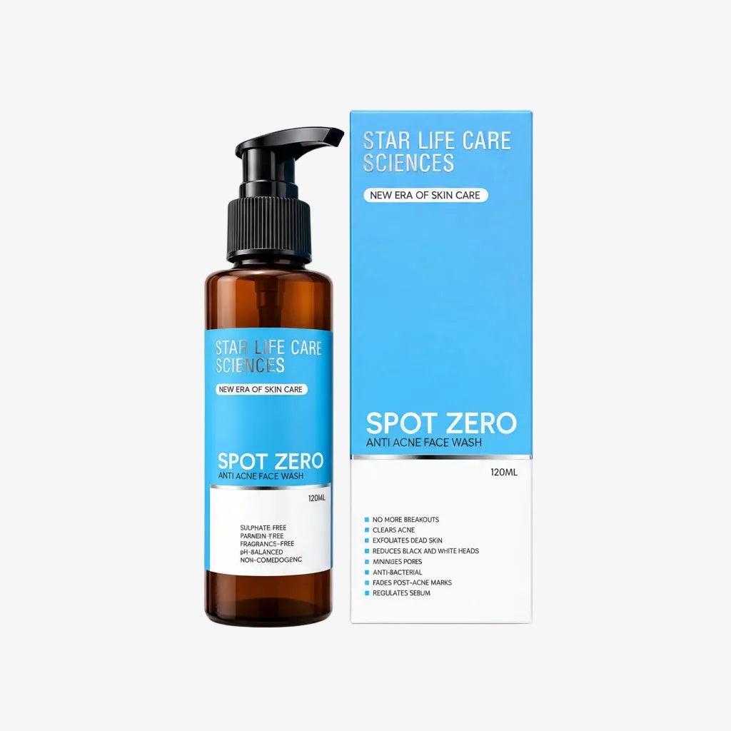 Amber glass pump bottle and matching blue-and-white product box for Star Life Care Sciences Spot Zero Anti Acne Face Wash, shown on a clean white background.