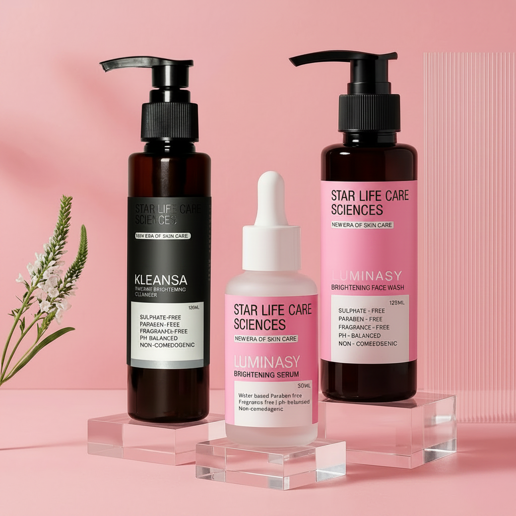 Three skincare products from Star Life Care Sciences on a pink background