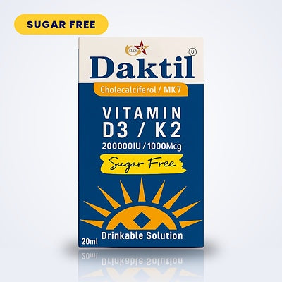 Daktil Vitamin D3 + K2 drinkable solution box shown on a yellow-to-blue gradient background, with four dark blue callout panels listing features: sugar free, drinkable solution, vitamin D3 + K2, and pack size 20 ml.