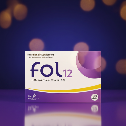 Fol 12 by Star Life Care Sciences folic acid and vitamin B12 supplement to support healthy red blood cell production, energy, and overall wellness.
