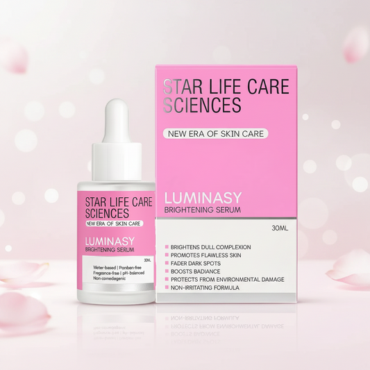 Luminasy Brightening Serum by Star Life Care Sciences with Vitamin C, Niacinamide, Alpha Arbutin, and Hyaluronic Acid for brighter, radiant, and even-toned skin.