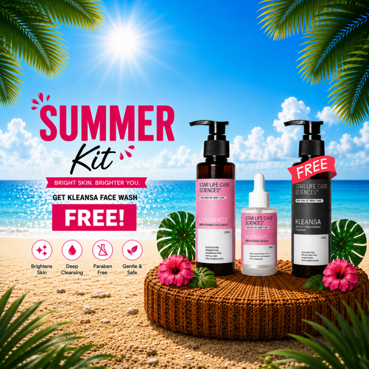 Three skincare bottles from Star Life Care Sciences displayed on a woven basket in a tropical beach setting with palm leaves, under a bright blue sky. Promotional text reads 'SUMMER Kit' and includes a free face wash offer.
