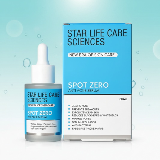 Spot Zero Anti Acne Serum by Star Life Care Sciences with Salicylic Acid, Azelaic Acid, and Niacinamide to help reduce acne, blemishes, and excess oil.