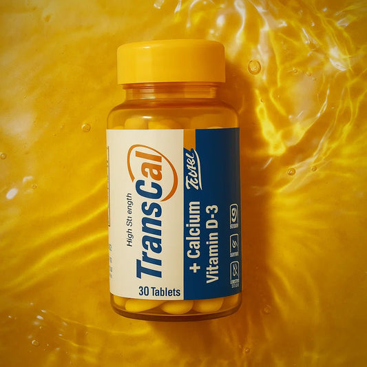 Transcal calcium and vitamin D supplement bottle by Star Life Care Sciences for strong bones, healthy teeth, and daily nutritional support.